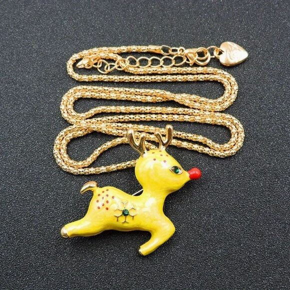 Betsey Johnson Necklace Enamel Yellow Reindeer - Picture 1 of 2